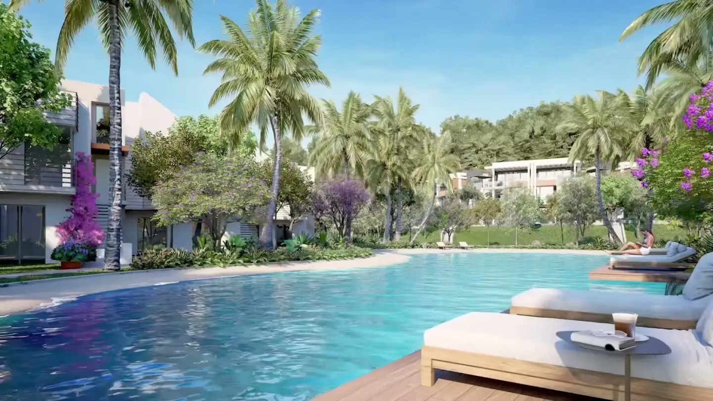 The project's shared pool and landscaping